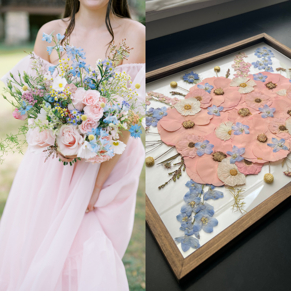 On the left, the bride holds a vibrant bouquet filled with soft pink roses, blue and white blossoms, and green foliage, exuding a fresh and natural charm. The bouquet is beautifully arranged and she smiles while holding it close. On the right, the same flowers from the bride's bouquet are preserved in pressed floral art, arranged thoughtfully around the bouquet’s colors and shapes. The artwork features delicate pink, blue, and cream flowers, capturing the essence of the wedding bouquet