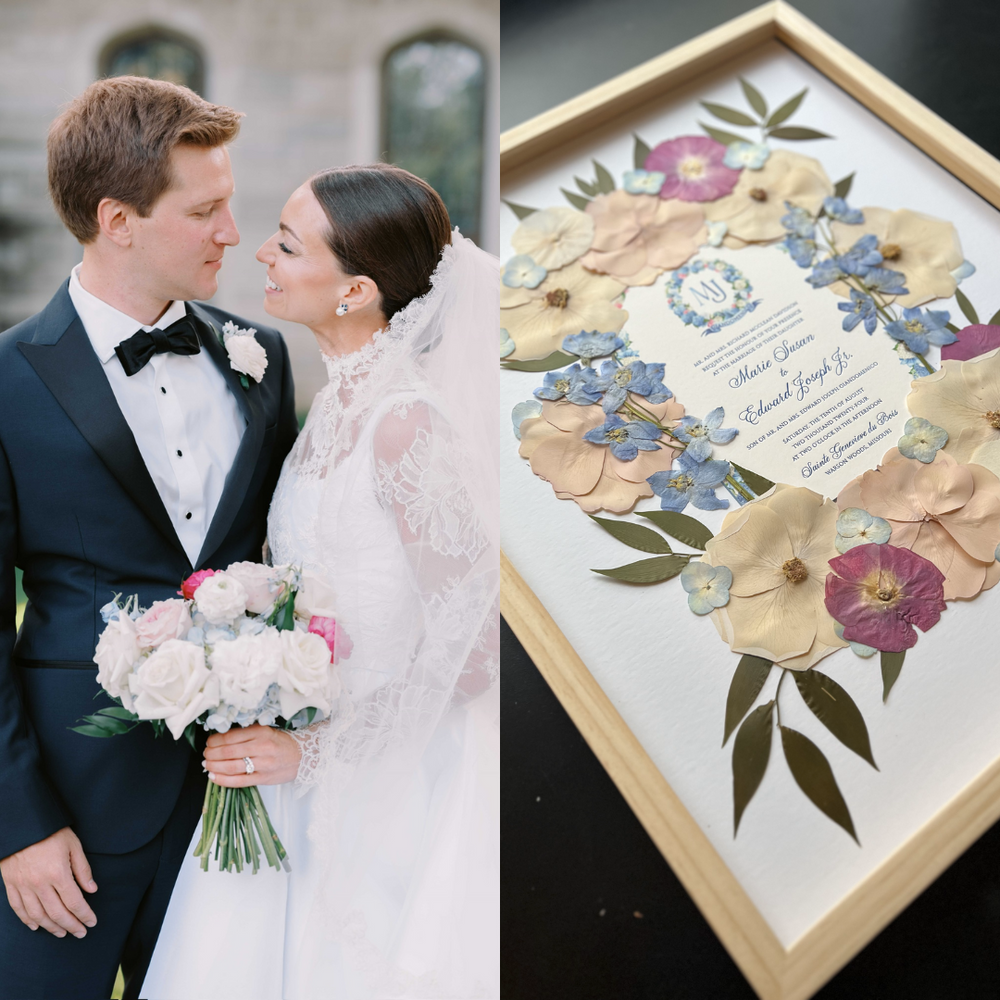 On the left, the bride and groom stand close, gazing into each other's eyes with the bride holding a bouquet of soft white and blush roses with green foliage, radiating joy on their wedding day. On the right, the same flowers from the bride’s bouquet are preserved in pressed flower art surrounding their wedding invitation, creating a beautiful keepsake. The delicate pastel blooms, including pink, white, and soft blue flowers, are arranged with leaves to commemorate their special day.