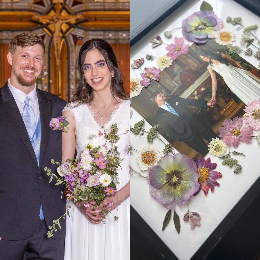 On the left, the bride and groom smile warmly at the camera during their wedding, with the bride holding a wildflower bouquet filled with soft purple, pink, and white blooms in a church setting. On the right, the same bouquet is preserved in pressed flower art, surrounding a photo of the couple holding hands at the altar. The delicate flowers, in shades of purple, pink, and white, create a lasting tribute to their wedding day.