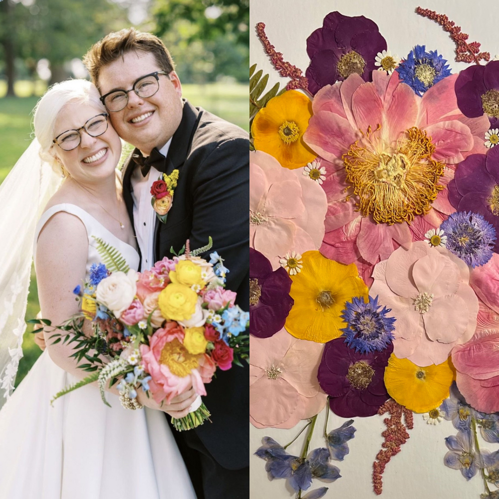 On the left, the bride and groom share a joyful moment, smiling widely while holding a vibrant bouquet filled with bright yellow, pink, and purple flowers in a sunny outdoor setting. On the right, the pressed floral art, made from the same bouquet, beautifully showcases the preserved flowers in shades of pink, purple, yellow, and blue, capturing the essence of their wedding day in a framed display.