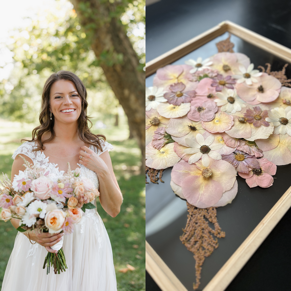 On the left, the bride smiles happily while holding her pastel-toned bouquet of roses and other delicate flowers, set against a green, tree-filled background. On the right, the pressed floral art crafted from her wedding bouquet is displayed in a frame, capturing the soft pink, peach, and white flowers along with greenery, preserved to commemorate her special day.