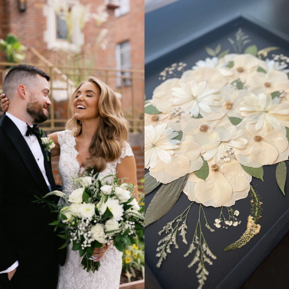 On the left, the newlywed couple shares a happy moment as the groom tenderly holds the bride’s face, and she smiles with joy, holding her white and green bouquet of fresh flowers. On the right, the pressed floral artwork created from the flowers in the bride’s bouquet is displayed. The framed artwork features delicate white blooms, soft beige petals, and green foliage, preserving the beauty of the bride’s bouquet in a timeless form.