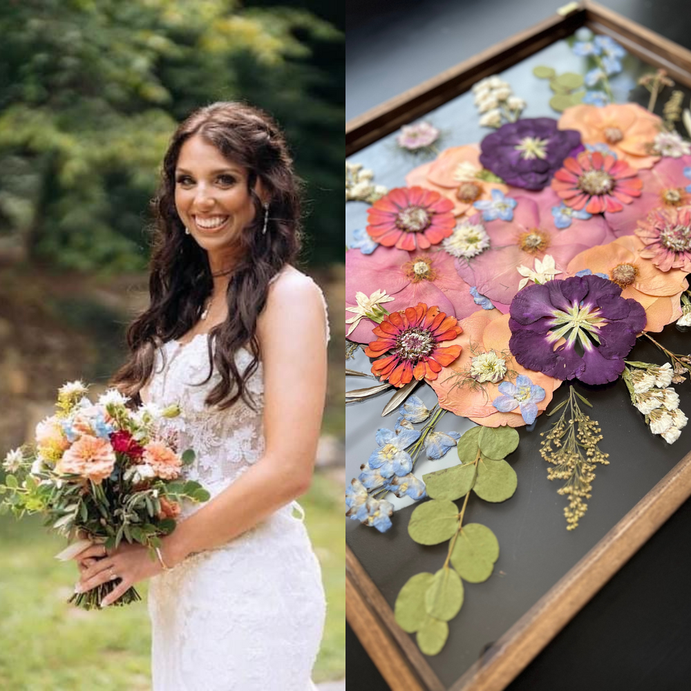 A split image showing the bride smiling joyfully while holding a vibrant, colorful bouquet filled with bold pink, orange, purple, and blue flowers, with greenery surrounding the blooms in an outdoor setting. On the right side, the pressed floral art made using the same flowers the bride held. The artwork showcases the same vivid pink, purple, and orange blossoms along with delicate blue and white flowers, framed in a rustic wooden frame, capturing the beauty of the wedding bouquet as a keepsake.