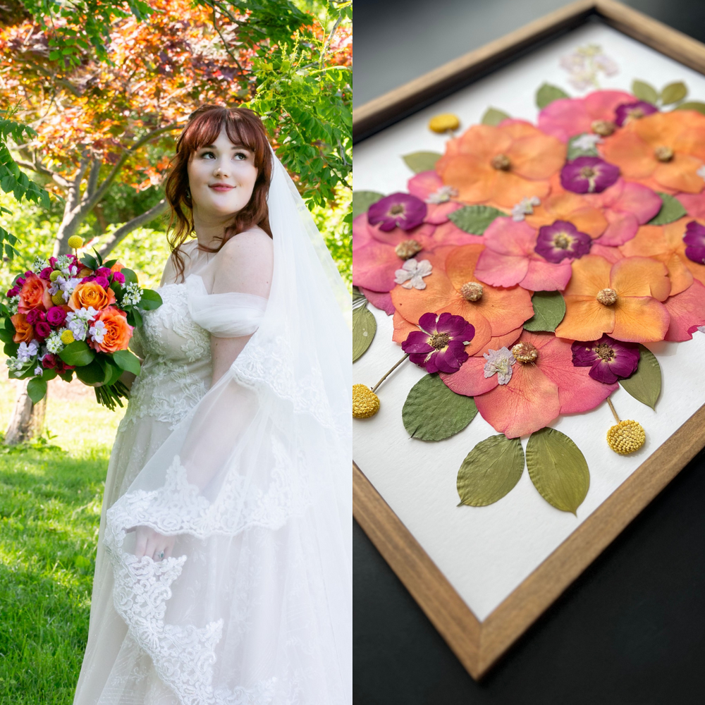 On the left, a joyful bride in a lace wedding gown smiles as she holds a vibrant bouquet filled with orange, pink, and purple flowers, set against a backdrop of lush greenery and colorful trees. On the right, the pressed floral art beautifully mirrors the bride’s bouquet, showcasing delicate petals in shades of orange, pink, and purple, with gold button-like accents and green leaves, capturing the essence of the wedding flowers in a timeless, framed design.