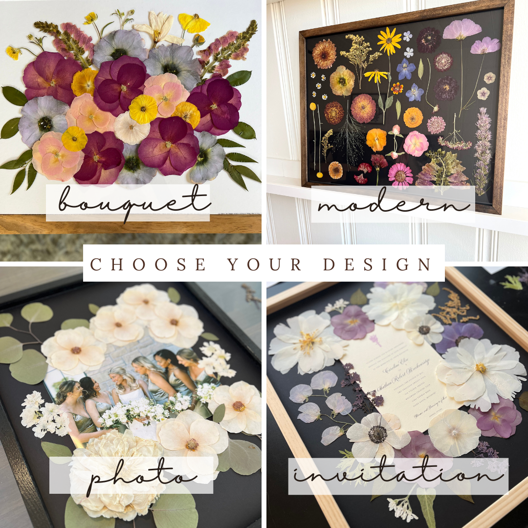 A collage of four pressed flower art designs displayed with different themes: 'Bouquet,' featuring a vibrant floral arrangement; 'Modern,' showcasing a colorful mix of wildflowers on a black background; 'Photo,' with delicate flowers surrounding a bridal photo; and 'Invitation,' with flowers framing a wedding invitation. The text 'Choose your design' is displayed at the bottom.