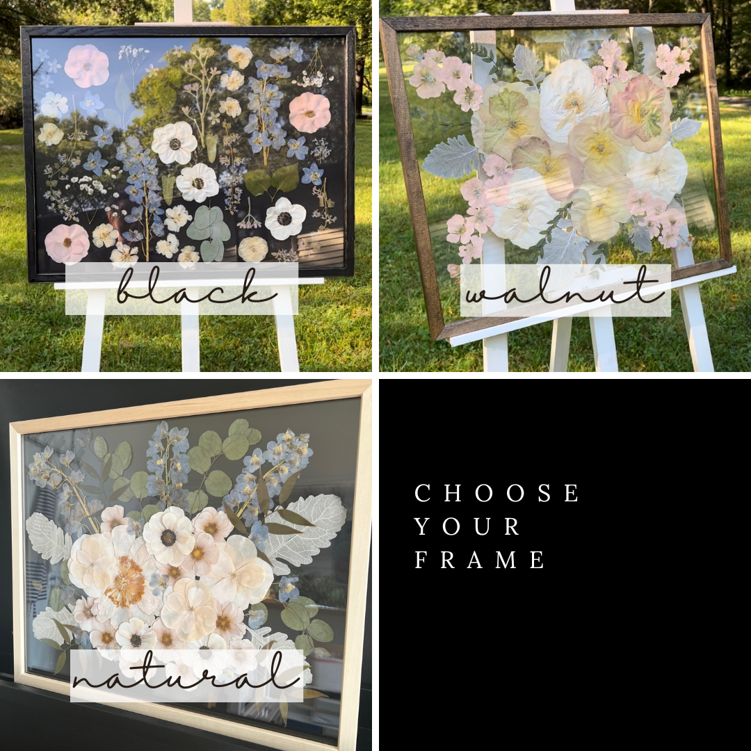 Three framed pieces of pressed flower art, each displayed with different frame options: black, walnut, and natural. The frames showcase beautiful floral arrangements with a variety of flowers in soft pastel tones. The text 'Choose your frame' is displayed on a black background beneath the images.