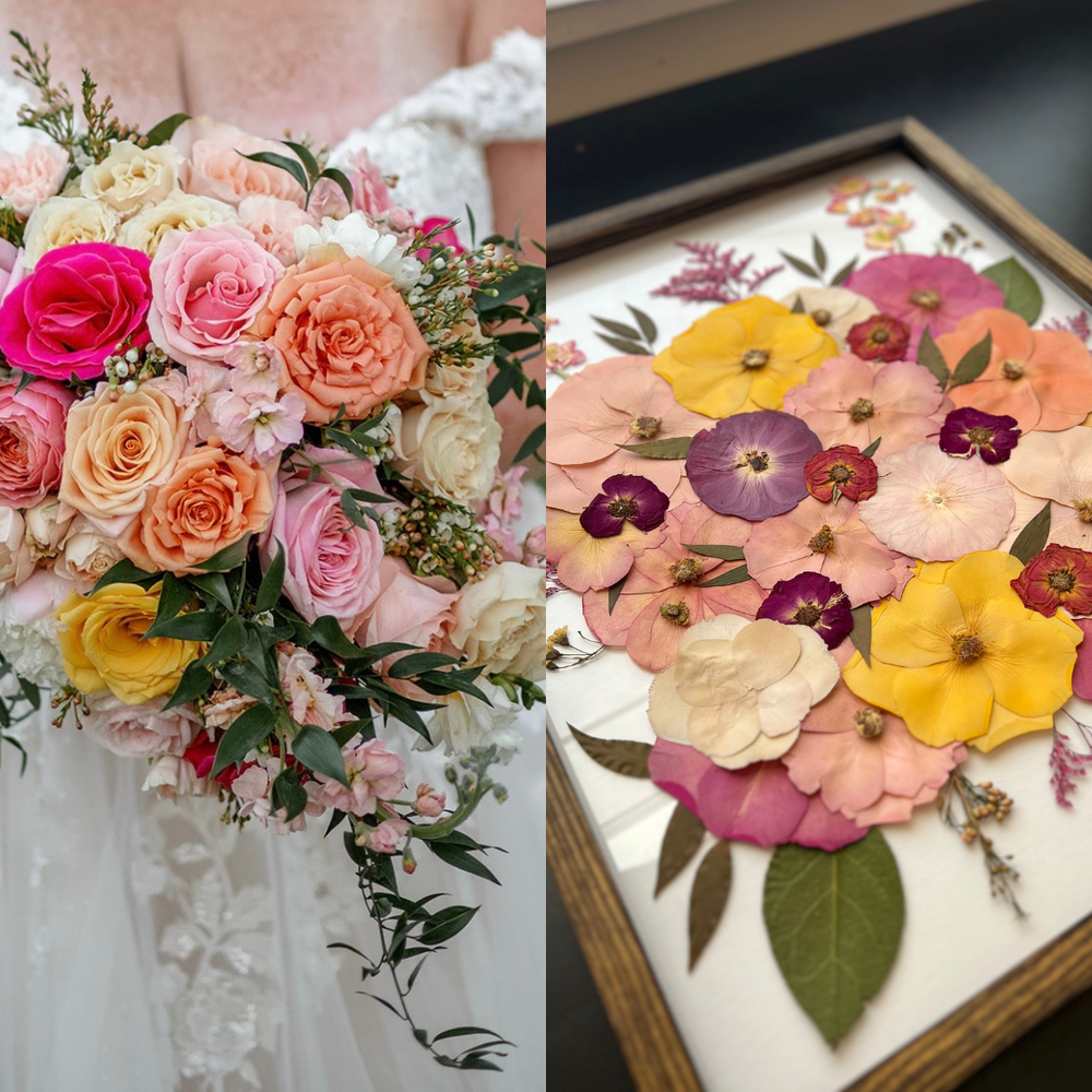 On the left, the bride holds a lush bouquet filled with soft peach, pink, and yellow roses, accented with delicate greenery and smaller floral elements. The bouquet is a beautiful combination of warm, romantic tones, showcasing the bride's wedding day floral choice. On the right, the pressed floral artwork created using the flowers from the bride's bouquet is displayed in a framed piece. The art features soft petals in shades of pink, yellow, purple, and peach, capturing the essence of the original bouquet