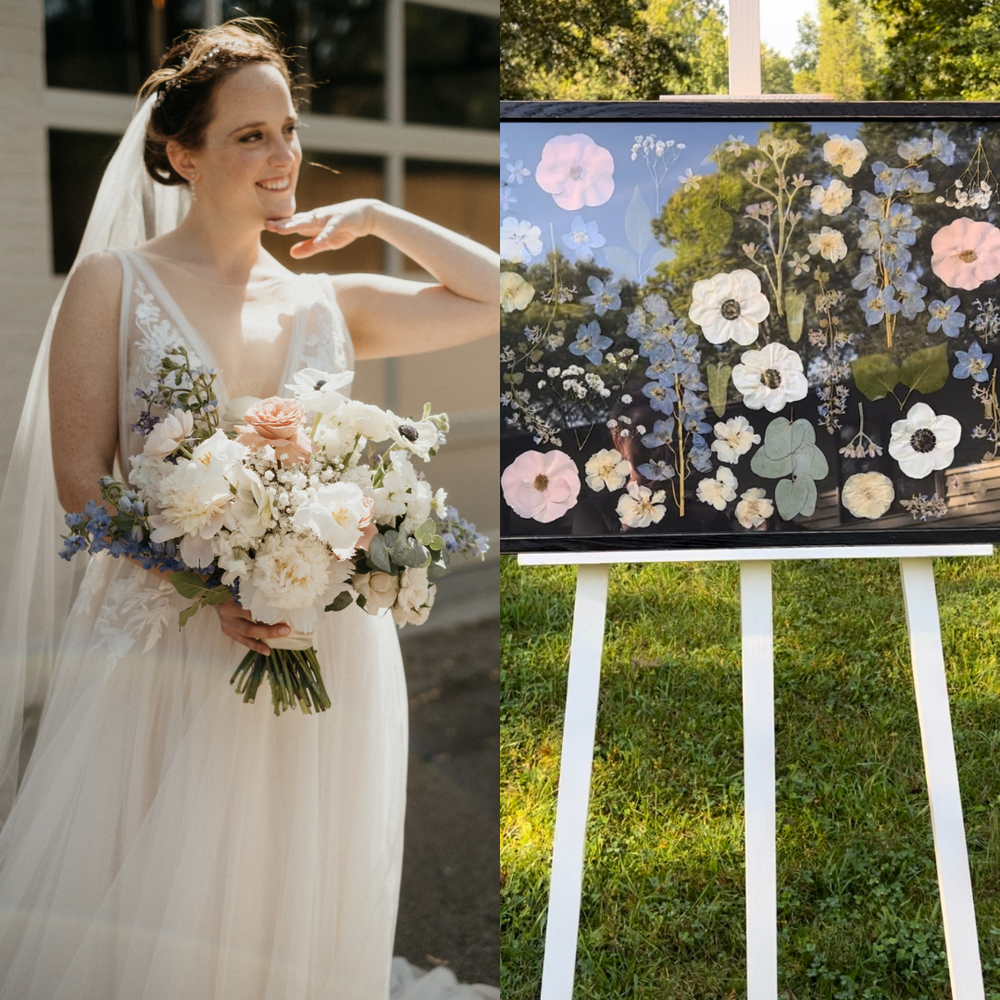 A split image showing the bride holding a white and soft pink bouquet, smiling with her veil in the breeze on the left, and a framed pressed floral artwork on the right. The artwork includes delicate flowers such as poppies and blue blossoms arranged to commemorate the bride's bouquet and wedding day, displayed outdoors on an easel.