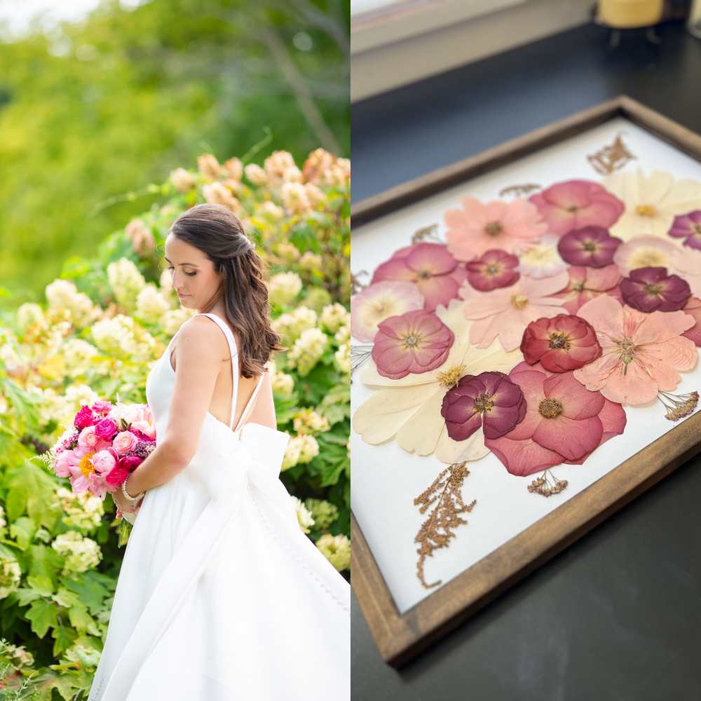A split image showing the bride holding a vibrant pink and white bouquet of peonies and roses, walking gracefully with her back turned, showcasing her flowing gown and bow in the back, surrounded by greenery on the left. On the right, a pressed floral art piece created using the flowers from the bride's bouquet. The artwork features a collection of soft pink, red, and white flowers, including poppies, arranged in a frame as a lasting tribute to the bride's bouquet. The artwork is displayed in a natural wood
