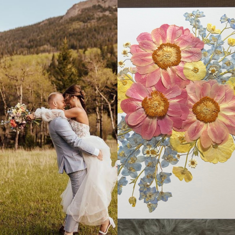 On the left, the bride and groom share a joyful moment as the groom lifts his bride into the air against a stunning natural backdrop of mountains and trees. The bride holds a colorful bouquet of flowers as they enjoy their special moment. On the right, the pressed floral artwork, made using the same flowers from the bride’s bouquet, is displayed in a frame. The artwork features vibrant, large pink flowers accented with soft yellow and blue blooms, capturing the essence of the fresh flowers