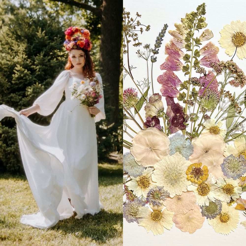 On the left, a bride in a flowing white dress stands in a lush green setting, holding a bouquet of colorful flowers. She wears a vibrant flower crown made up of bold, colorful blooms that stand out against her light, airy gown. On the right, the pressed floral art depicts the flowers from her bouquet, showcasing soft pastels, including pale pinks, yellows, and blues, alongside delicate greenery. The arrangement of the flowers highlights their texture and natural beauty in a light, elegant frame.