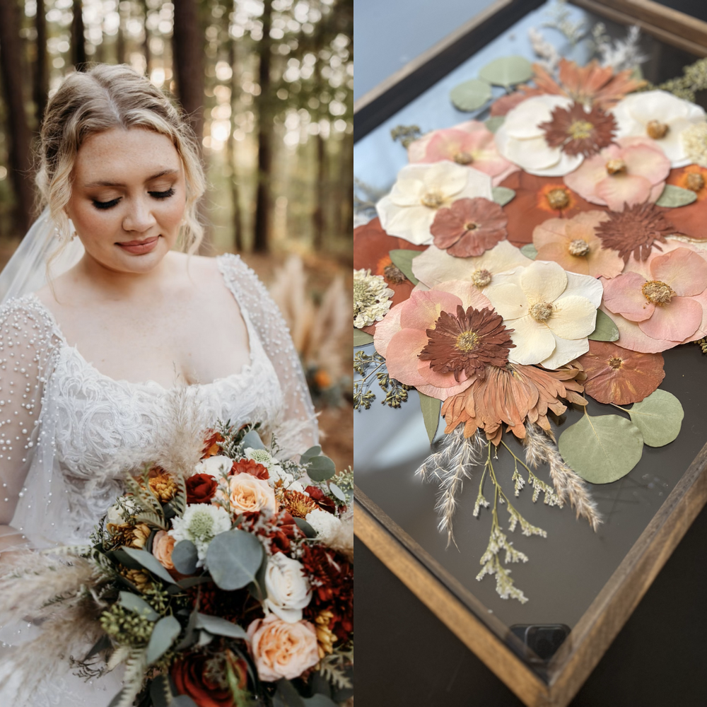 A split image showing the bride standing in a forest setting, gently holding a lush bouquet filled with rich autumnal flowers, including deep red, peach, and white blooms with greenery and pampas grass. On the right side, the pressed floral artwork made from the same flowers the bride is holding. The artwork displays a blend of soft peach, burnt orange, and beige flowers, with delicate green leaves and accents of dried grasses, all framed in a rustic wooden frame.