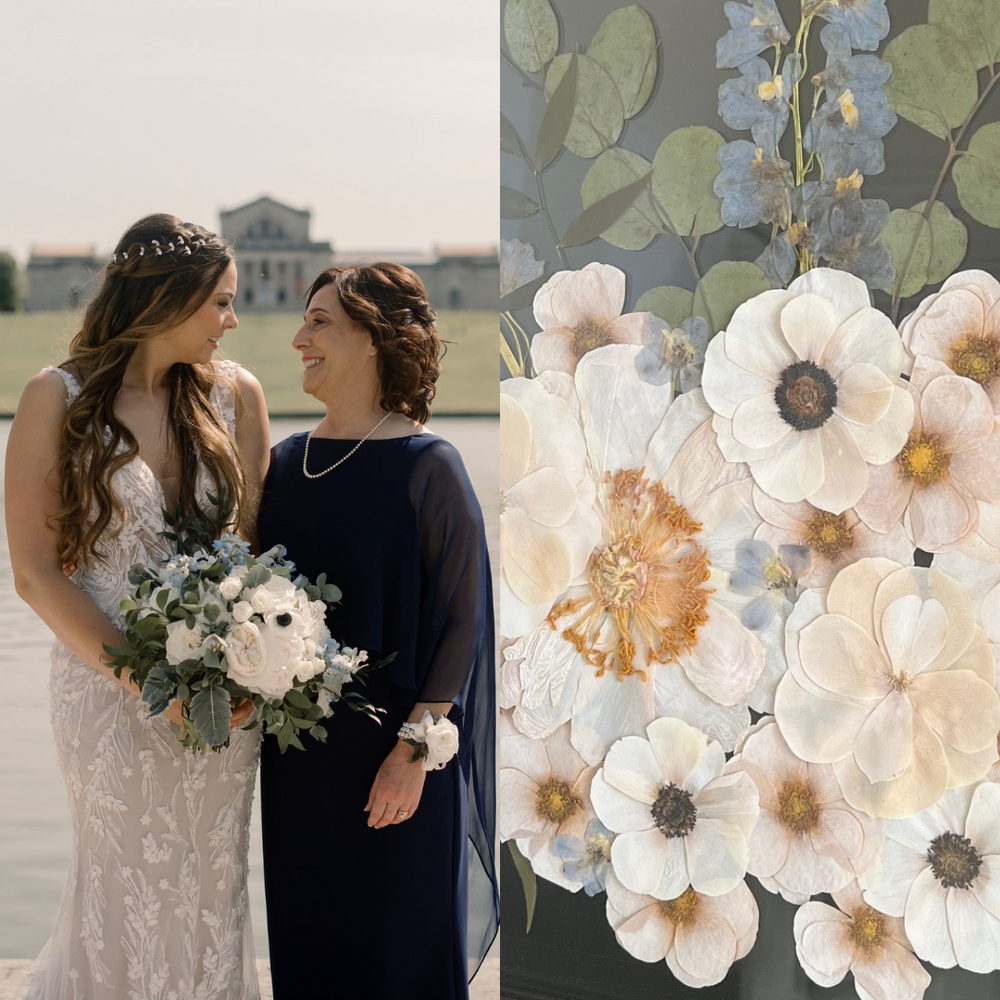 On the left, the bride and her mother share a warm, joyful moment as they smile at each other, with the bride holding her bouquet of white and blue flowers against a scenic backdrop. On the right, the pressed floral art created from the bride's bouquet is displayed, featuring soft white and pale blue blooms, with a mix of delicate petals and greenery, preserved to capture the beauty of her wedding day flowers in a framed artwork.
