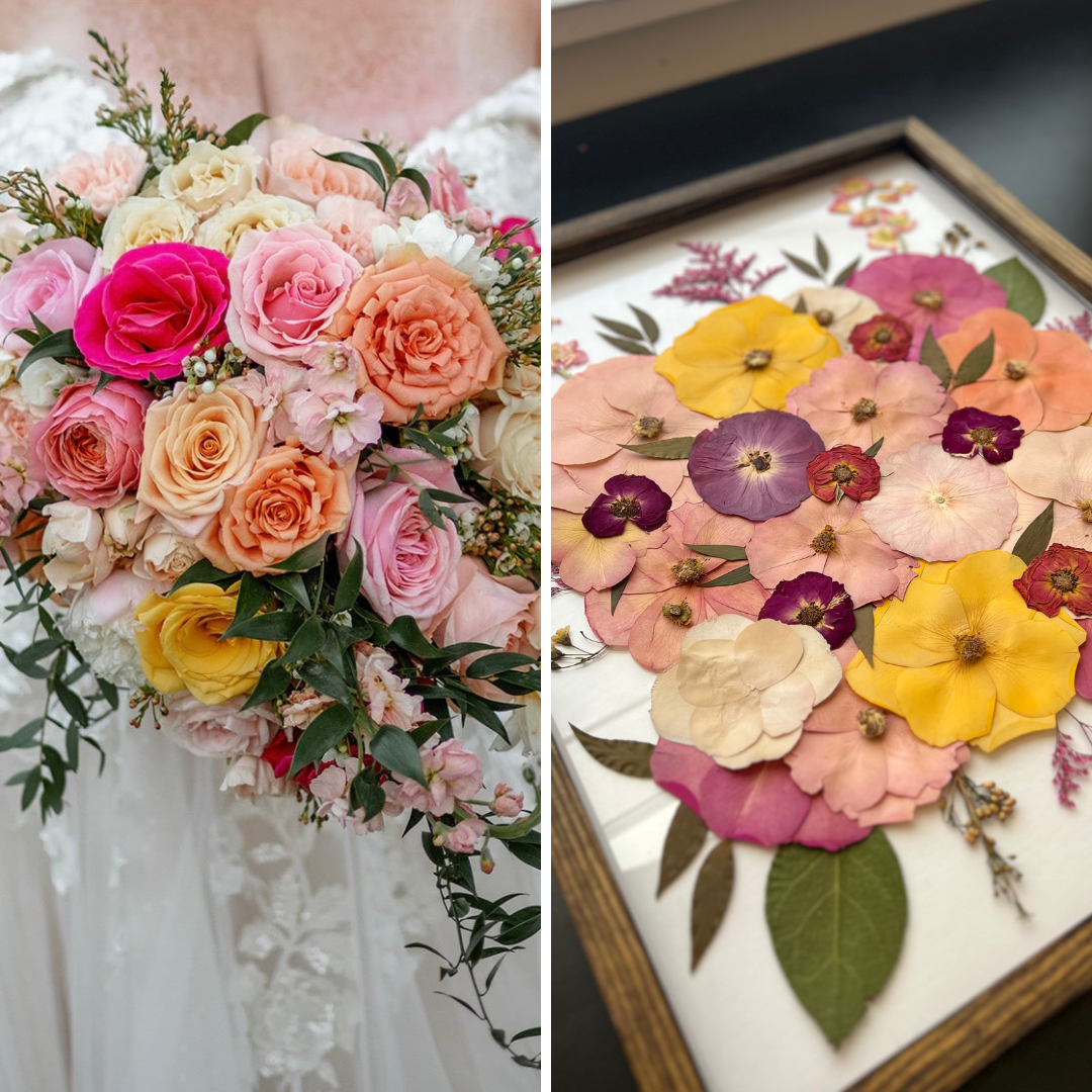 Before: A vibrant bridal bouquet with pink, orange, and yellow roses and greenery. After: A framed piece of pressed flower art showcasing the same bouquet, now transformed into a beautiful, delicate floral design with pink, purple, yellow, and red petals, preserved and arranged on a white background.