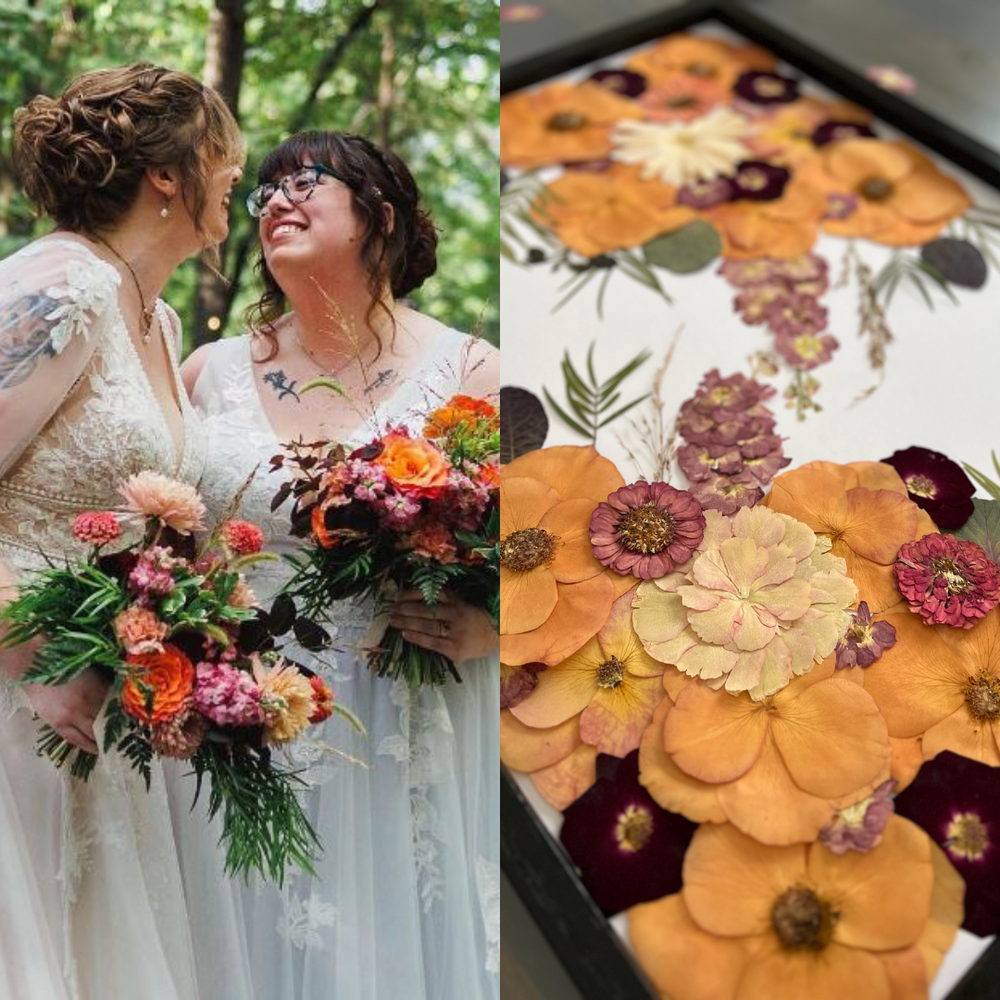 On the left, two brides joyfully gaze at each other while holding their vibrant wedding bouquets. The bouquets are filled with orange, pink, and burgundy flowers, accented with deep green foliage, set against a lush forest backdrop. On the right, the pressed floral art, created using the same flowers, features a rich mix of orange, burgundy, and pink blooms, with green foliage, arranged beautifully in a framed art piece.
