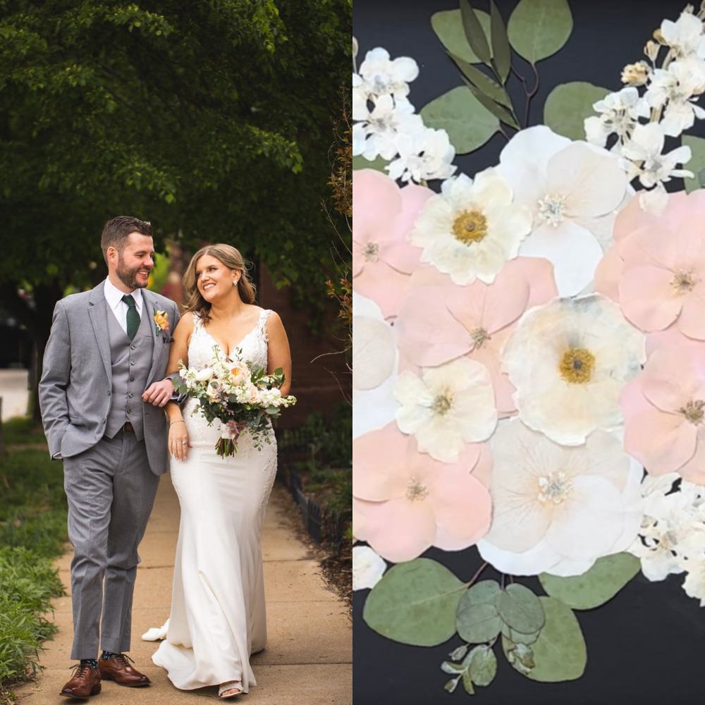 On the left, the newlywed couple walks hand-in-hand, smiling at each other as the bride holds her bouquet of white, pink, and green blooms. The couple’s joyful moment is captured outdoors with a leafy backdrop. On the right, the pressed floral art mirrors the bride's bouquet with a collection of soft pink and white flowers, along with green eucalyptus leaves, showcasing the same flowers she carried on her wedding day, preserved in a beautiful, timeless display.