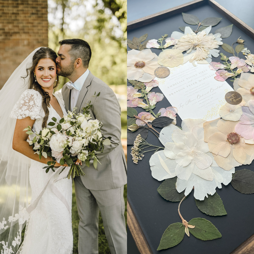 A split image showing the bride with her groom, smiling and sharing a kiss while holding a beautiful bouquet of white and blush roses, greenery, and white peonies. The bride wears a delicate lace gown and veil. On the right, a pressed floral artwork made using the exact flowers from her bouquet. The artwork showcases soft pink, white, and cream flowers with delicate green leaves, set against a dark backdrop, framed as a lasting memory of the bride's wedding flowers.
