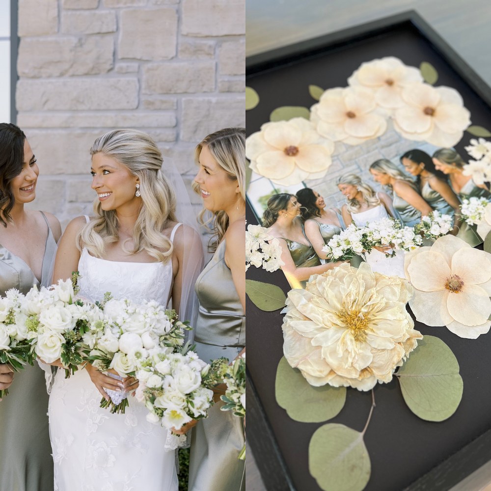 A split image featuring the bride with her bridesmaids on the left, all smiling while holding white flower bouquets outdoors, and a pressed floral art piece on the right. The art includes soft beige flowers, eucalyptus leaves, and a photo of the bride and bridesmaids, beautifully arranged to commemorate the wedding day.