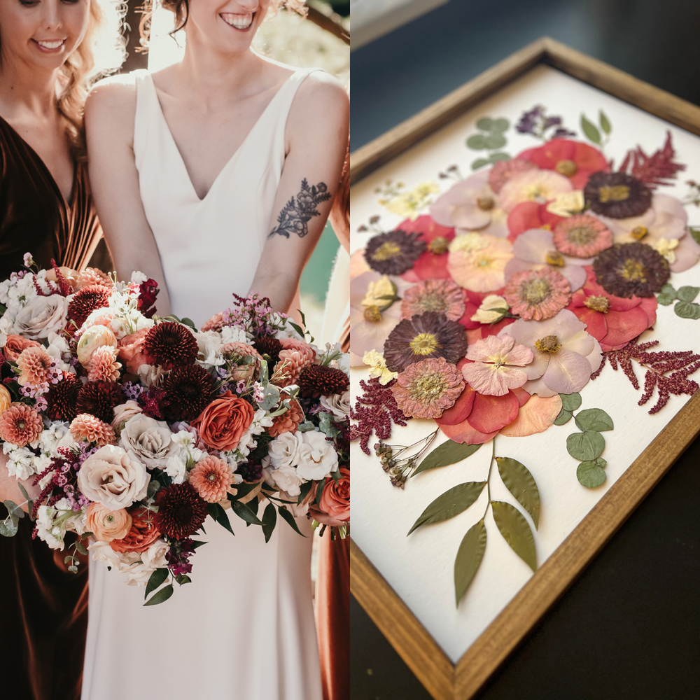 On the left, the bride is smiling while holding a large, lush bouquet of vibrant flowers, including deep red dahlias, soft roses, and blush-colored blooms, surrounded by greenery in an outdoor setting. On the right, the pressed floral art created using the flowers from the bride's bouquet. The artwork displays a stunning arrangement of pink, red, and purple flowers with green leaves and delicate accents, carefully preserved and framed in a wooden frame, serving as a timeless keepsake of the wedding bouquet.