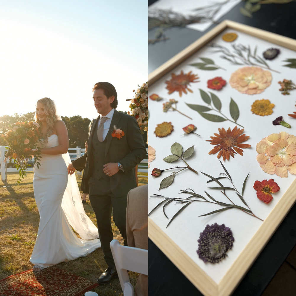 On the left, the bride and groom walk down the aisle during their outdoor wedding ceremony. The bride is holding a large bouquet of vibrant flowers in shades of orange, yellow, and soft pinks, while the groom walks beside her, wearing a classic green suit. The warm sunlight creates a beautiful, romantic atmosphere. On the right, the pressed floral art created using the flowers from the bride's bouquet. The artwork features a delicate arrangement of orange, yellow, and red flowers along with green leaves.
